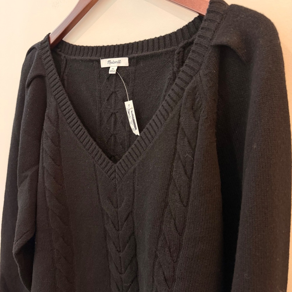Madewell V Neck Pullover Sweater Merino Wool Cable Knit Trip Black NY444 XS NWT - Picture 4 of 12